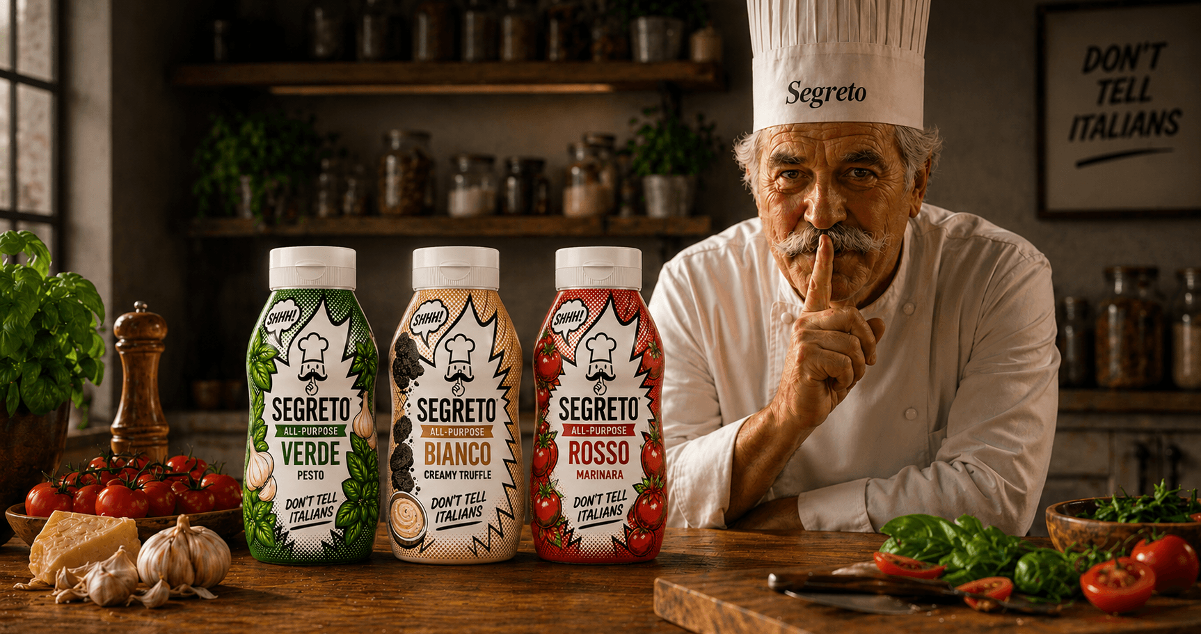 Italian chef shushing with three Segreto sauces